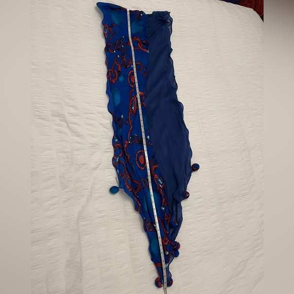 SCARF Blue Sheer Bias Cut Two Tone Blue Circles Pom Poms Ruffle Artsy Casual - Picture 12 of 12